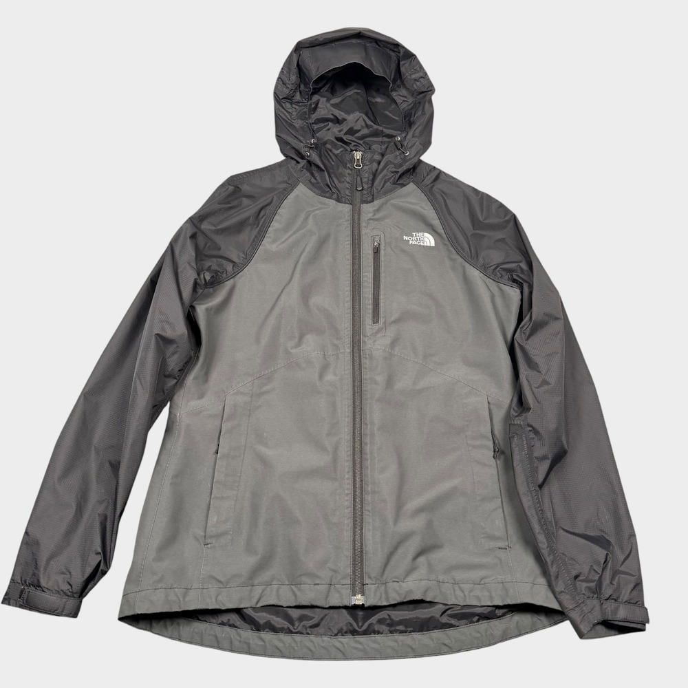 North Face DryVent Hooded Rain Jacket Women Med Grey Black Full Zip Windbreaker
